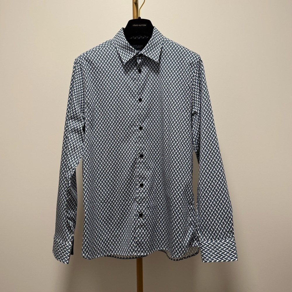 Ted Baker London Slim Fit Blue Geometric Print Shirt (Size 4 / L) - Picture 2 of 16